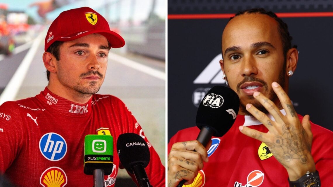 Charles Leclerc of Ferrari in an interview (L); Lewis Hamilton in a press conference (R)