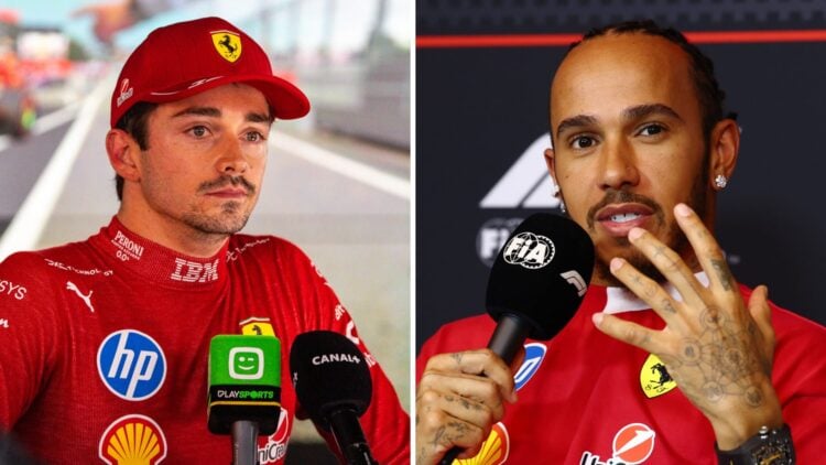 Charles Leclerc of Ferrari in an interview (L); Lewis Hamilton in a press conference (R)
