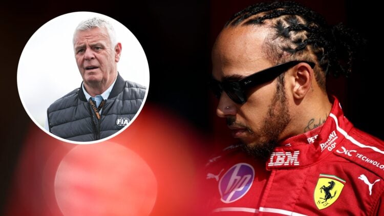 Ferrari driver Lewis Hamilton at the 2025 F1 Canadian Grand Prix with an inset of FIA steward Derek Warwick