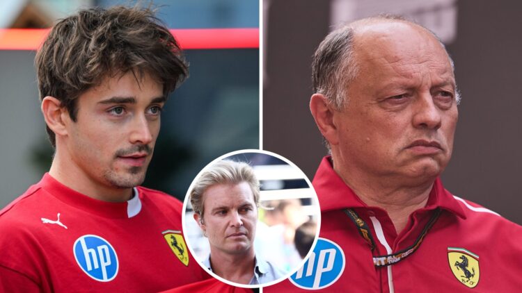 Split image of Ferrari figures Charles Leclerc and Fred Vasseur looking on; inset of Nico Rosberg