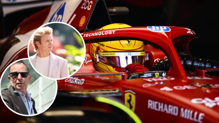 Lewis Hamilton in the Ferrari F1 garage; insets of Martin Brundle and Nico Rosberg