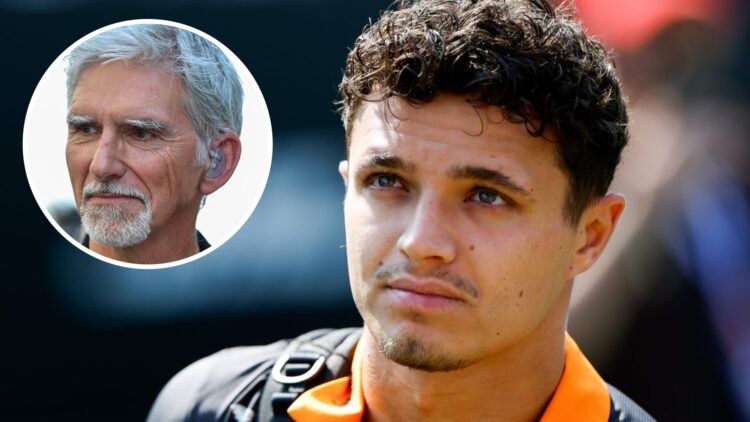 McLaren driver Lando Norris in the 2025 F1 Canadian Grand Prix paddock before qualifying with an inset of Damon Hill in Saudi Arabia