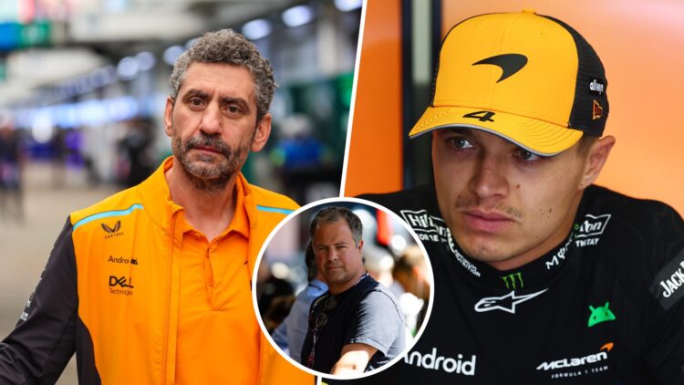 Split image of Andrea Stella and Lando Norris of McLaren looking on; inset of Ted Kravitz