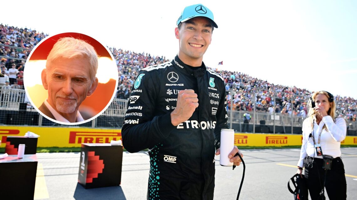 Mercedes driver George Russell celebrating pole position at the Canadian Grand Prix, inset, Damon Hill