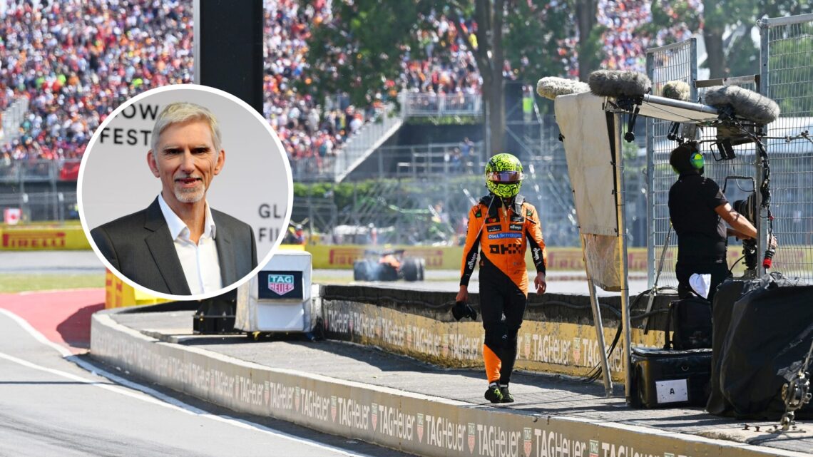 McLaren driver Lando Norris returning to the pit lane at the Canadian Grand Prix, inset, Damon Hill
