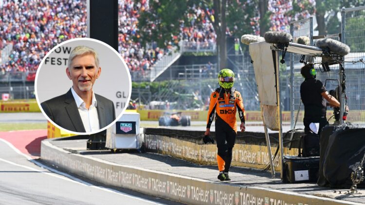 McLaren driver Lando Norris returning to the pit lane at the Canadian Grand Prix, inset, Damon Hill