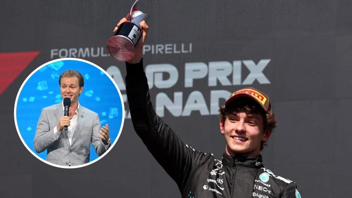 Mercedes driver Andrea Kimi Antonelli celebrates on the podium at the Canadian Grand Prix, inset, Nico Rosberg