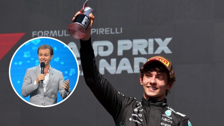Mercedes driver Andrea Kimi Antonelli celebrates on the podium at the Canadian Grand Prix, inset, Nico Rosberg
