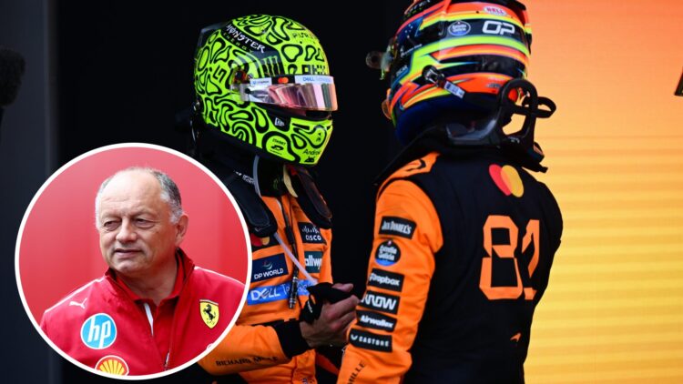 McLaren drivers Lando Norris and Oscar Piastri shake hands at the 2025 Spanish Grand Prix, inset Fred Vasseur