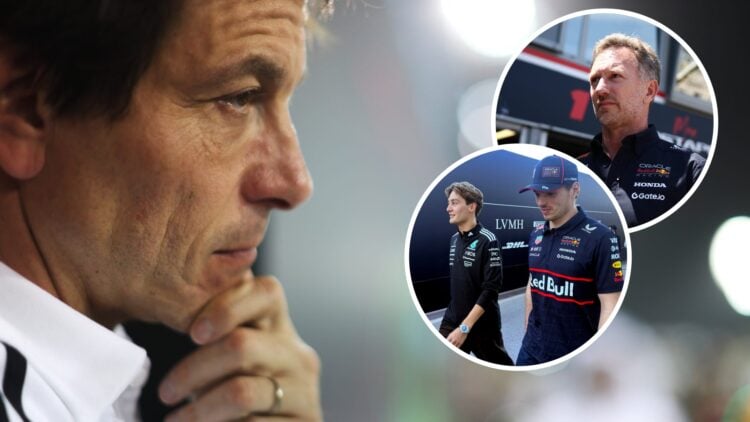 Mercedes team principal Toto Wolff in the 2025 Bahrain Grand Prix paddock and Christian Horner of Red Bull in Monaco with an inset of George Russel...
