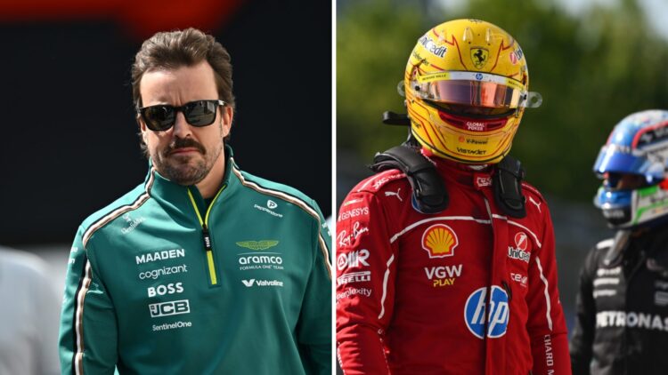 Fernando Alonso of Aston Martin walks in the F1 paddock (L); Lewis Hamilton of Ferrari in parc ferme