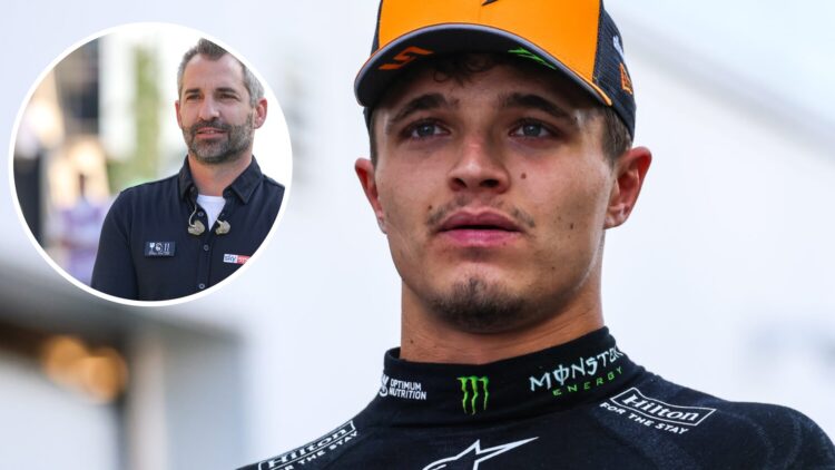 McLaren driver Lando Norris reacts after crashing out of the 2025 F1 Canadian Grand Prix with an inset of Sky Germanypundit Timo Glock in the 2024 ...
