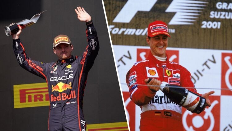 Max Verstappen of Red Bull celebrates on the podium (L); Michael Schumacher sprays champagne during his Ferrari days (R)