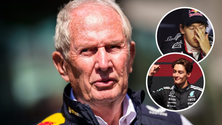 Helmut Marko and Sebastian Vettel of Red Bull Racing and George Russell of Mercedes