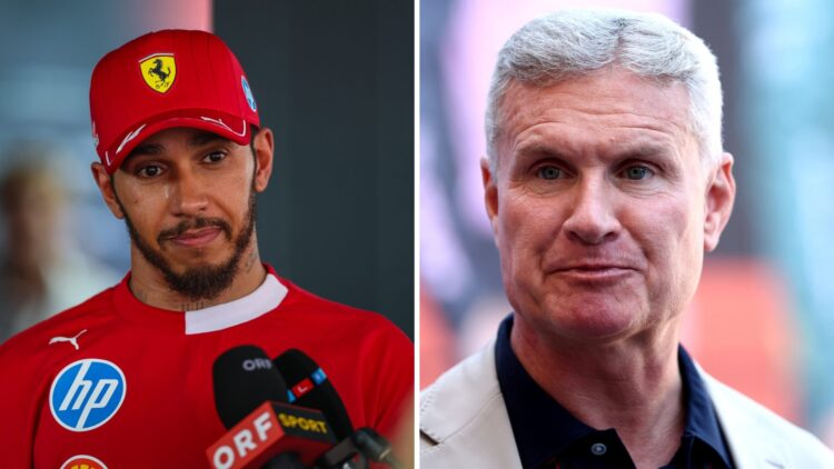 Ferrari driver Lewis Hamilton (left) being interviewed after the Spanish Grand Prix, David Coulthard (right) in the F1 paddock