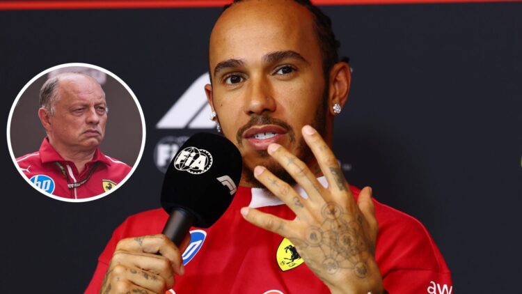 Lewis Hamilton of Ferrari speaks in a press conference; inset of Fred Vasseur