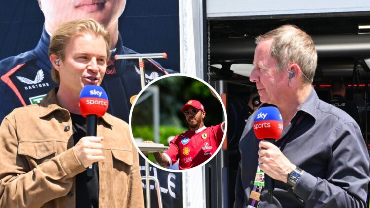 Martin Brundle and Nico Rosberg in discussion for Sky Sports F1, inset, Ferrari driver Lewis Hamilton