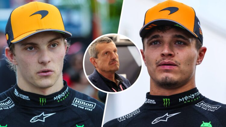 McLaren drivers Oscar Piastri and Lando Norris react after crashing in the 2025 F1 Canadian Grand Prix with an inset of Guenther Steiner