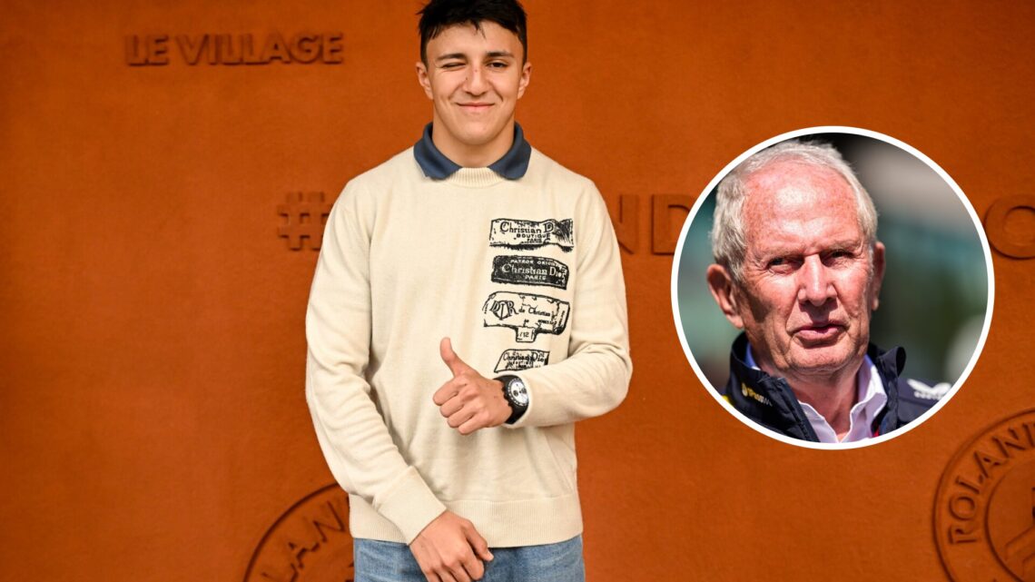 Isack Hadjar of Racing Bulls poses for a photo; inset of Helmut Marko of Red Bull