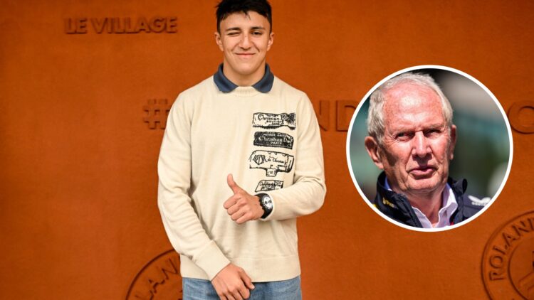 Isack Hadjar of Racing Bulls poses for a photo; inset of Helmut Marko of Red Bull