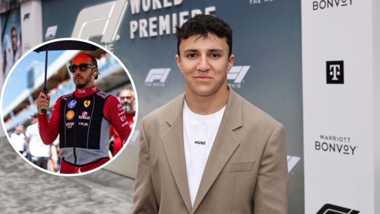 Isack Hadjar of Racing Bulls poses for a photo; inset of Lewis Hamilton of Ferrari