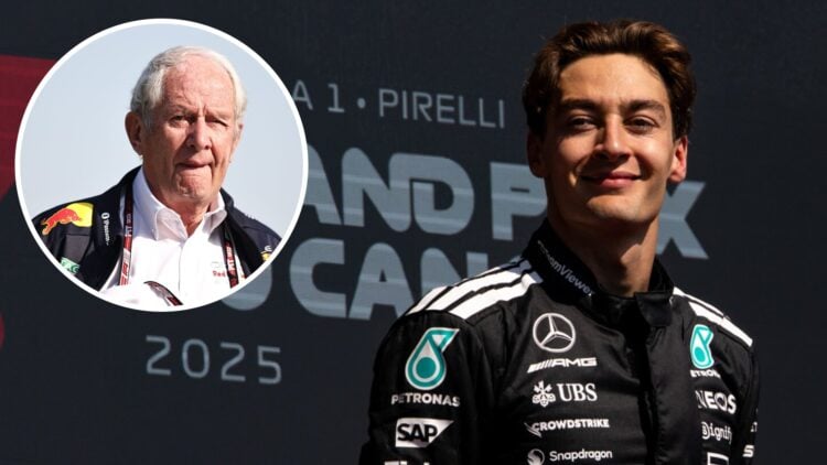 Mercedes driver George Russell celebrates winning the 2025 F1 Canadian Grand Prix with an inset of Red Bull motorsport adviser Helmut Marko in China