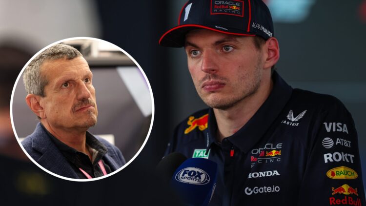 Red Bull driver Max Verstappen in the media pin, inset of Guenther Steiner at the 2025 Miami E-Prix