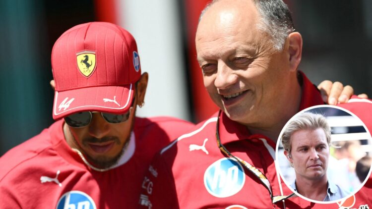 Lewis Hamilton speaks to Ferrari team principal Fred Vasseur; inset of Nico Rosberg