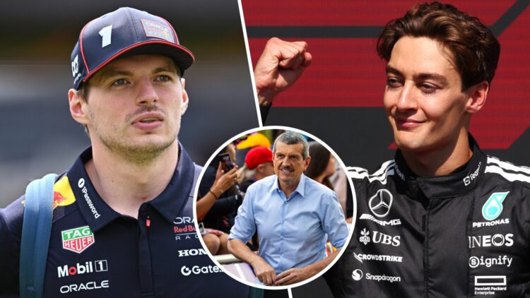 Max Verstappen of Red Bull looks on in the paddock and Mercedes driver George Russell celebrates winning the 2025 F1 Canadian Grand Prix with an in...