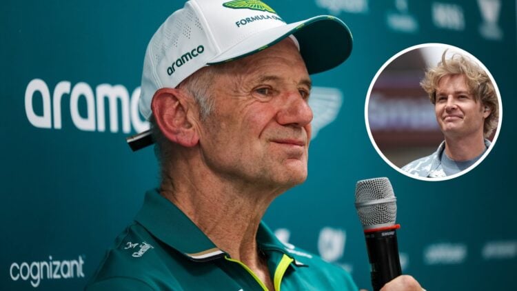 Adrian Newey of Aston Martin speaks in a press conference; inset of Nico Rosberg