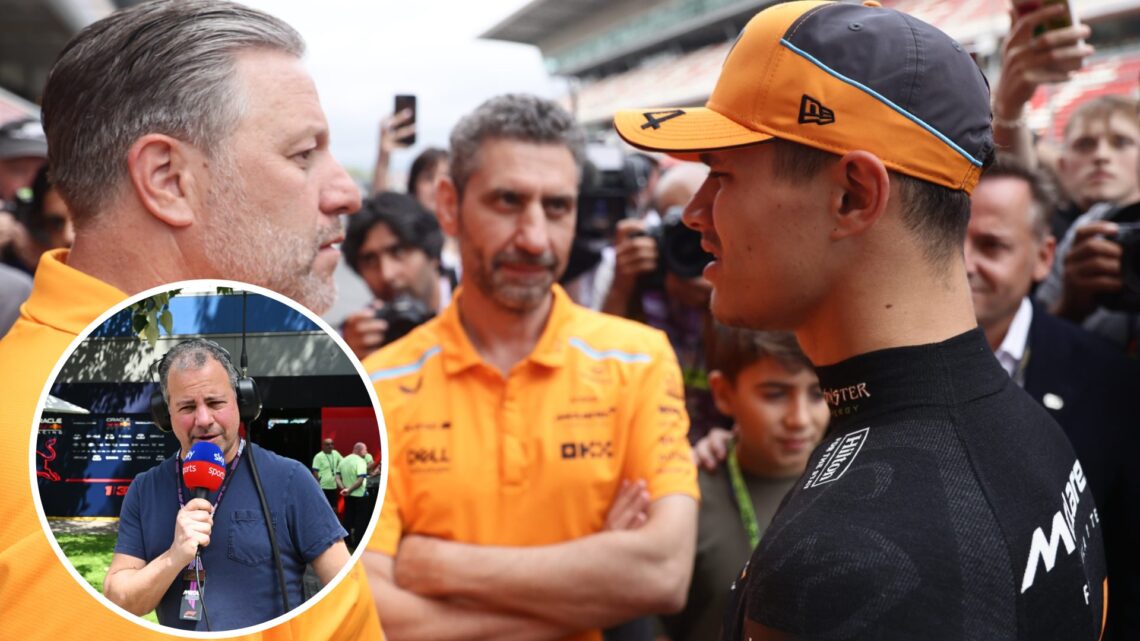 McLaren's Lando Norris, Andrea Stella and Zak Brown at the 2024 Spanish Grand Prix, inset Ted Kravitz