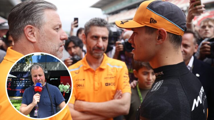 McLaren's Lando Norris, Andrea Stella and Zak Brown at the 2024 Spanish Grand Prix, inset Ted Kravitz