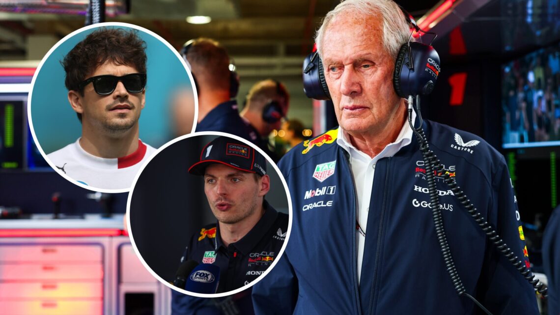 Helmut Marko and Max Verstappen of Red Bull Racing and Charles Leclerc of Ferrari during the 2025 F1 season