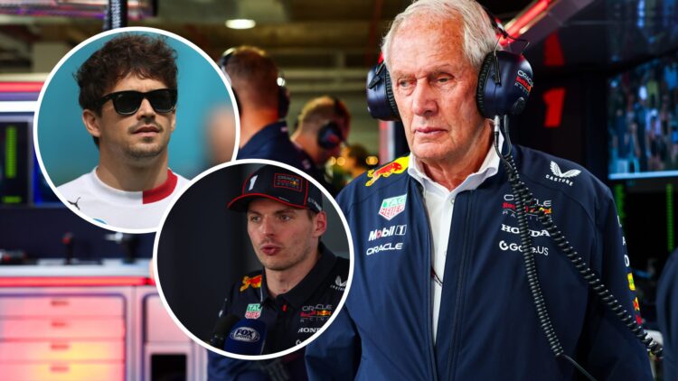 Helmut Marko and Max Verstappen of Red Bull Racing and Charles Leclerc of Ferrari during the 2025 F1 season