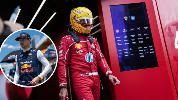 Lewis Hamilton of Ferrari walks out of the F1 garage; inset shows Max Verstappen of Red Bull