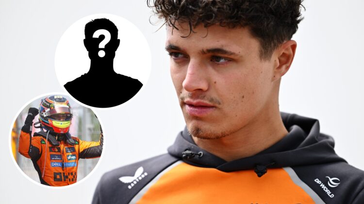 McLaren driver Lando Norris at the 2025 Canadian Grand Prix, insets of Oscar Piastri and Mystery