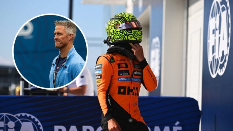 McLaren driver Lando Norris wearing his helmet at the Canadian Grand Prix, inset, Ralf Schumacher
