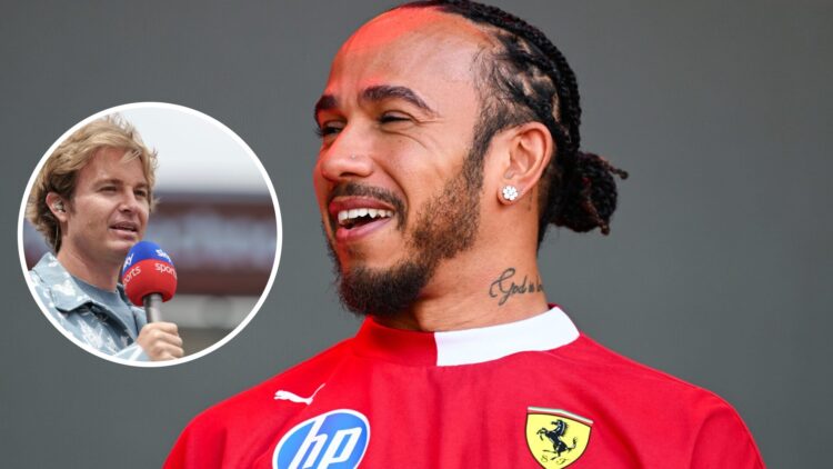 Lewis Hamilton of Ferrari laughs at the F1 fan zone; inset of Nico Rosberg