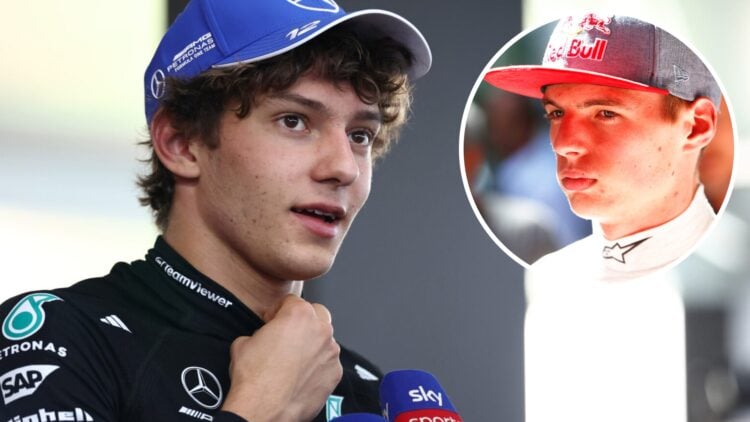 Mercedes driver Andrea Kimi Antonelli speaks to Sky Sports at the 2025 F1 Canadian Grand Prix with an inset of Max Verstappen as a rookie for Toro ...