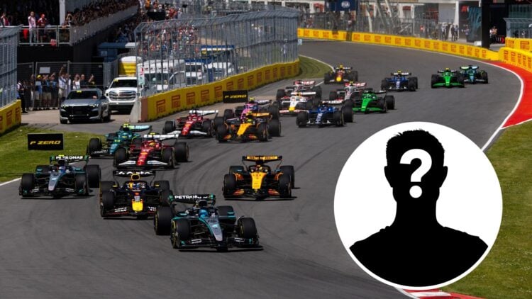 George Russell leads the pack at the start of the 2025 Canadian Grand Prix, inset Mystery