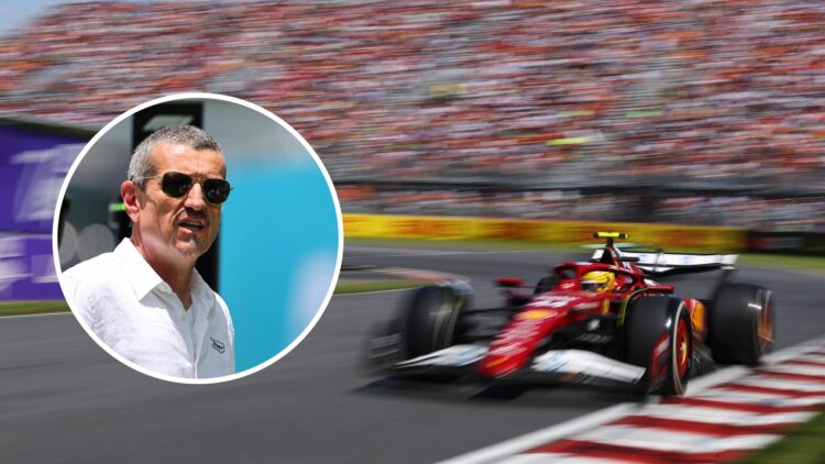 Lewis Hamilton of Ferrari at the 2025 Canadian Grand Prix and an inset of Guenther Steiner