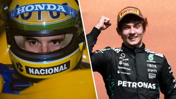 Split image of Ayrton Senna (L) at the 1987 German Grand Prix and Kimi Antonelli (R) at the 2025 Canadian Grand Prix