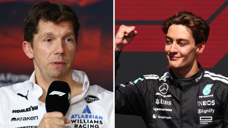 Split image of James Vowles (L) at the 2025 Australian Grand Prix and Mercedes driver George Russell )R)