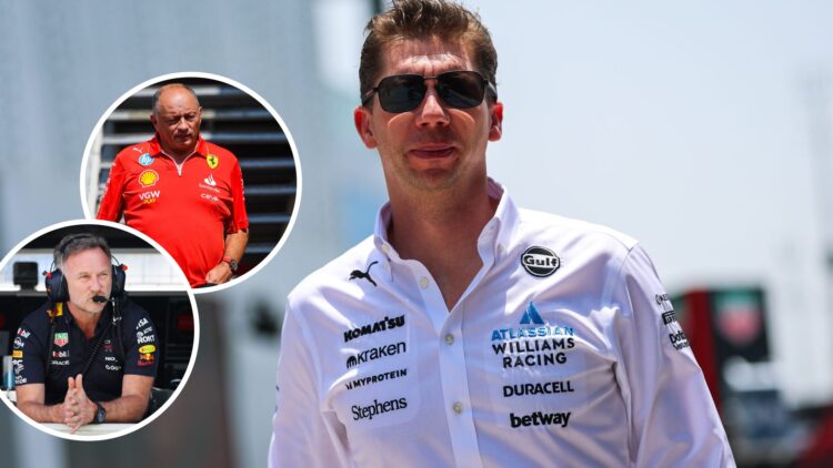 James Vowles of Williams walks in the F1 paddock; insets of Christian Horner of Red Bull and Fred Vasseur of Ferrari