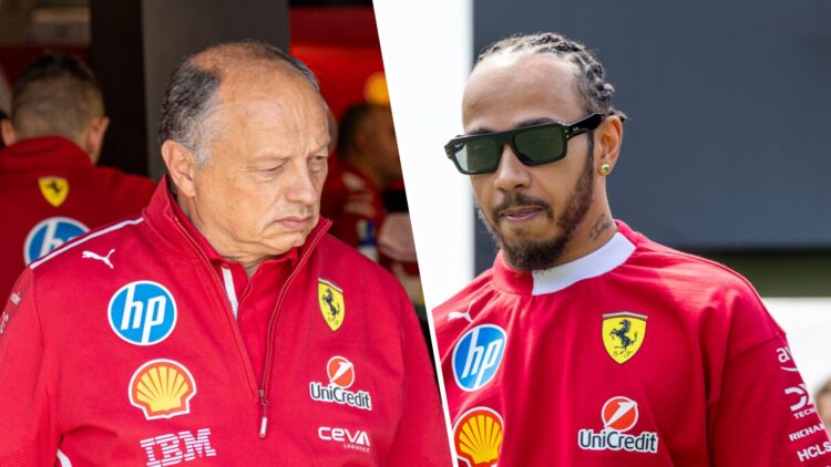 Fred Vasseur of Ferrari looks on from their garage at the 2025 F1 Canadian Grand Prix and Lewis Hamilton arrives in the paddock