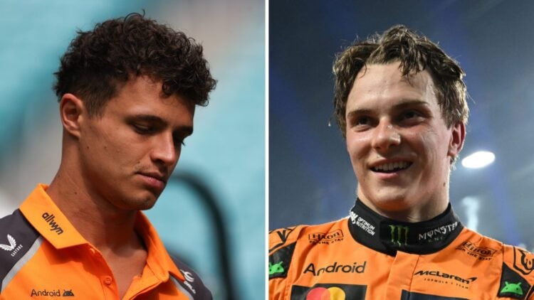 McLaren F1 driver Lando Norris in the 2025 Miami Grand Prix paddock and Oscar Piastri celebrates after winning the 2025 F1 Saudi Arabian Grand Prix