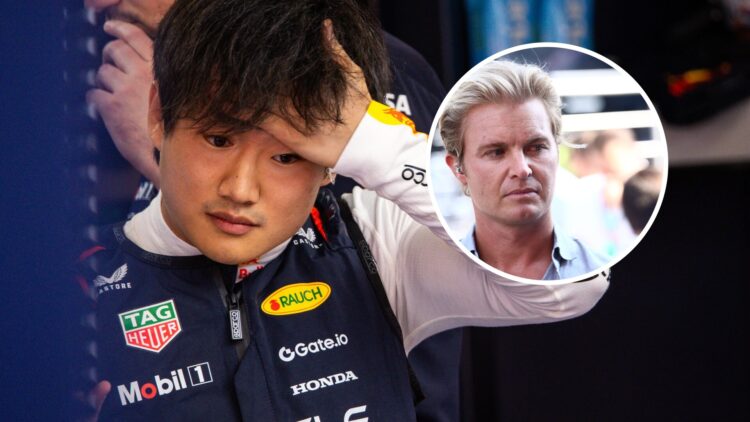 Red Bull Racing driver Yuki Tsunoda in the garage at the Spanish Grand Prix, inset, Nico Rosberg