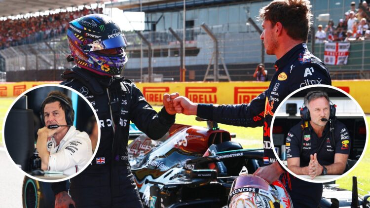 Lewis Hamilton and Max Verstappen shake hands; insets of Toto Wolff and Christian Horner