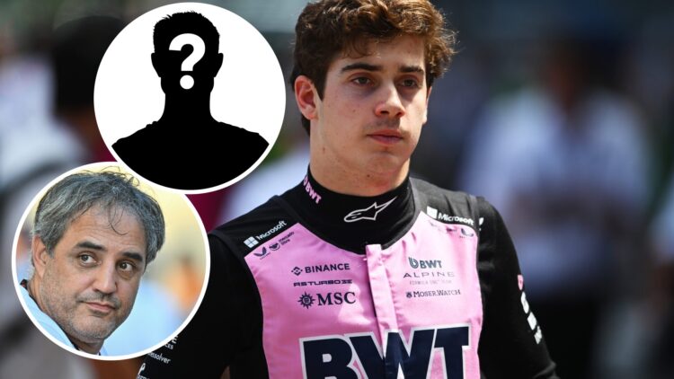 Alpine driver Franco Colapinto at the 2025 Monaco Grand Prix, insets Juan Pablo Montoya and Mystery driver