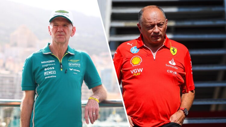 Split image of Aston Martin's Adrian Newey (L) and Ferrari team principal Fred Vasseur (R)